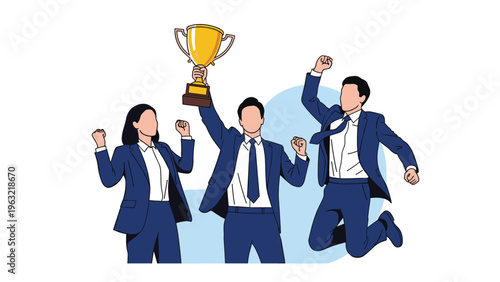 Group of three successful business professionals celebrating their victory and holding a large gold trophy in a jubilant pose.