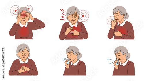 Senior woman showing different symptoms of illness including a severe headache, chest pain, coughing, and general discomfort.