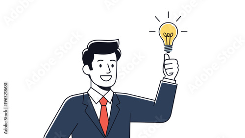 Smiling businessman in a suit having a creative breakthrough with a bright yellow lightbulb appearing above his thumb.