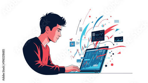 Focused young man intensely working on a laptop with dynamic financial data, charts, and arrows bursting out of the screen.