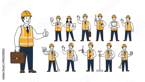 Detailed set of construction workers in safety gear holding various blueprints, tools, and documents for a building project.
