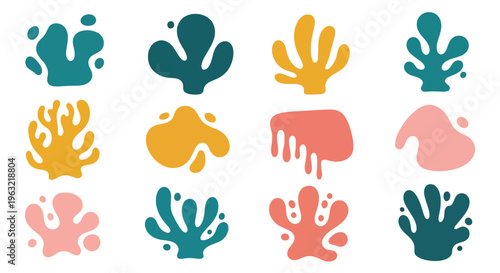 Colorful coral reef shapes in various pink yellow and green hues