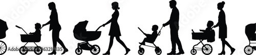 Parents walking with babies in strollers silhouettes, flat vector illustration, family lifestyle, childcare concept isolated on white background design