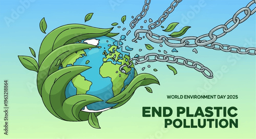 Earth wrapped in green leaves breaking free from metal chains symbolizing end of plastic pollution on world environment day eco friendly concept