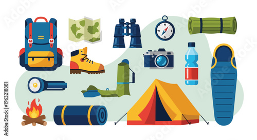 Collection of camping equipment on a green oval, ready for outdoor adventures