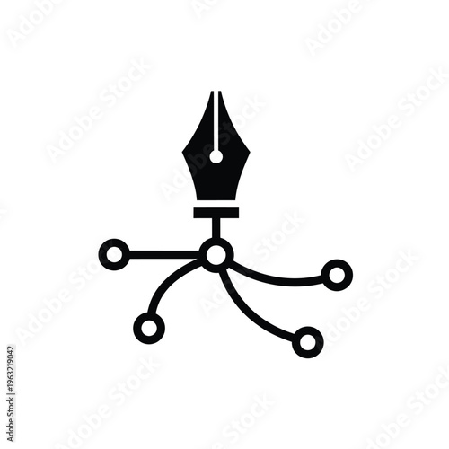 Vector illustration of a stylized fountain pen nib with lines and circles representing creativity and design