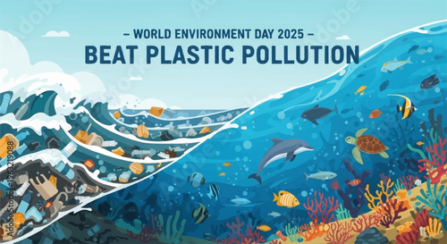 Vibrant ocean scene with diverse marine life and plastic pollution awareness message for world environment day 2025