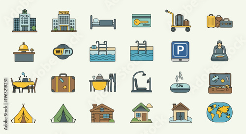 Collection of flat-design travel icons in a colorful, cartoon style