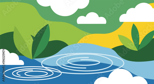 Colorful abstract landscape with water ripples and plants