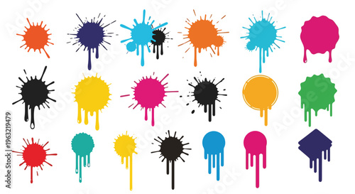 Vibrant colorful paint splatters on white background