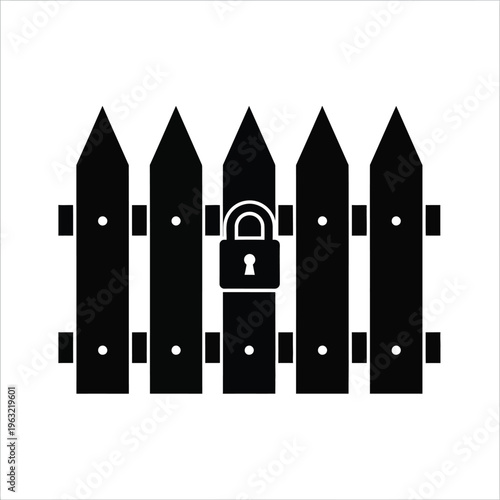 Vector illustration of a secure fence with locked gate in black and white