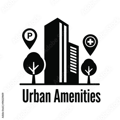 Urban amenities vector illustration featuring city buildings parking and healthcare icons