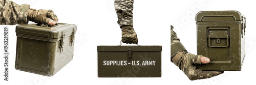 Soldier hand holding military ammunition box set isolated on white background for army supplies concept