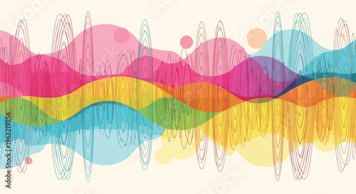 Colorful, abstract overlapping waves, lines and circles on a cream background