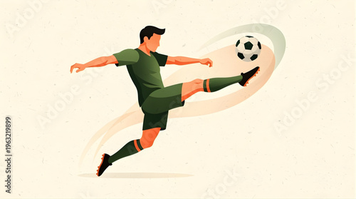 Dynamic flat vector of a soccer player kicking ball with moss green and electric apricot gradients on cream background