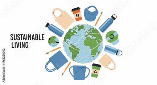 Sustainable living concept with eco friendly products around the earth promoting green lifestyle and environmentally conscious habits with reusable items
