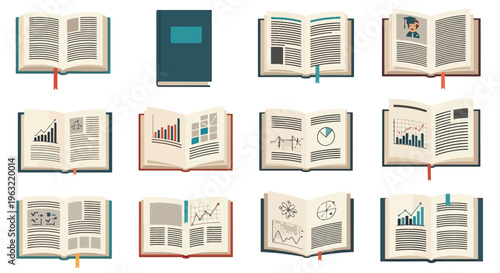 Collection of open and closed books with various graphs and charts