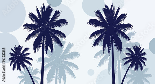 Dark Blue Palm Tree Silhouettes on a Light Blue Background with Circles