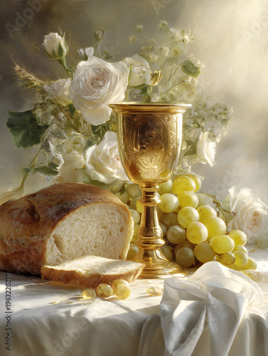 First Holy Communion Pierwsza Komunia <unk>wi<unk>ta. The color composition is in the Primewater color composition with golden chalice, host, grapes, bread, white roses, and religious Christian celebr