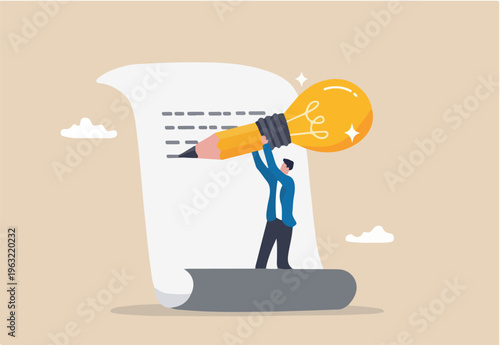 Copywriter or blogger, creative idea and inspiration to begin writing, imagination to success in work, talent and skill concept, smart young man using big pencil with lightbulb idea writing on paper