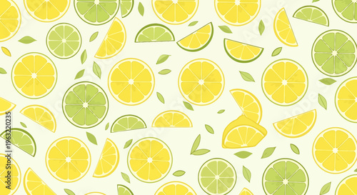 Seamless Pattern of Fresh Lemons and Limes Slices with Leaves on Light Yellow Background