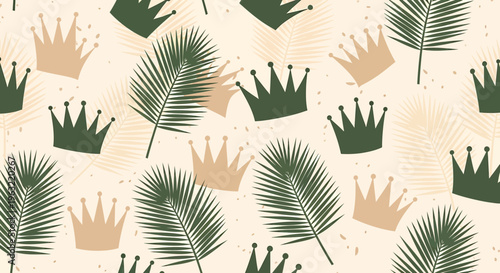 Seamless Pattern: Royal Crowns and Tropical Palm Leaves on Textured Beige Background