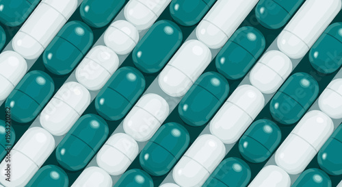 Seamless Pattern of White and Teal Medical Capsules, Healthcare and Pharmacy Concept