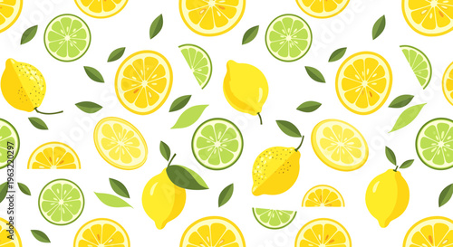 Seamless Pattern with Fresh Lemons and Limes, Citrus Fruits and Green Leaves on White Background