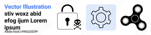 Lock with skull warning, gear wheel icon, and fidget spinner outline represent security, efficiency, play, and creativity. Ideal for cybersecurity, productivity, mechanics and simple landing page