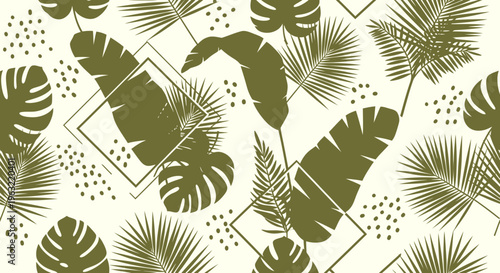 Tropical Leaf Pattern: Olive Green Monstera, Palm, Banana Leaves on Cream Background