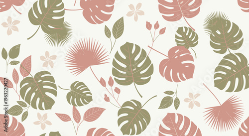 Tropical Monstera Leaves and Exotic Flowers Seamless Pattern, Botanical Illustration