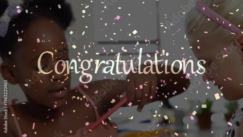 Friends selecting craft tools at table while confetti and Congratulations celebrating success