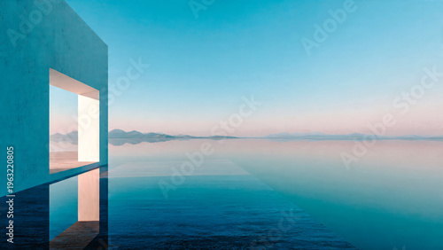 Gran mur avec arche sur le lac au lever du soleil