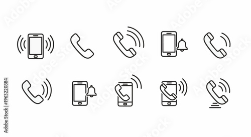 Mobile phone icons with signal waves and handsets