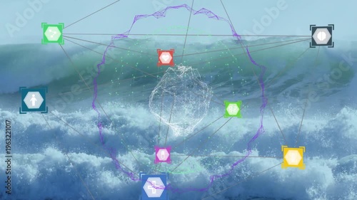 Water-sphere syncing to wave as purple ring popping icons appearing linking pulsing selecting node