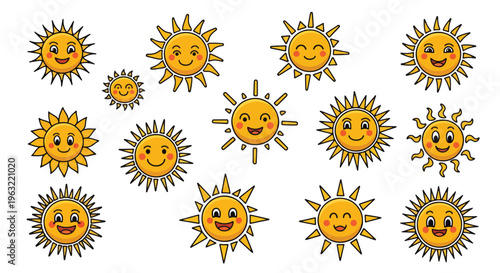 Smiling suns with various expressions on white background