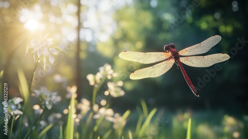A red dragonfly flies near white flowers, sunlit against a blurred green forest backdrop