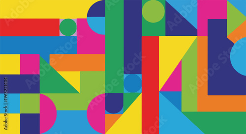 Colorful abstract artwork composed of geometric shapes squares, circles, and triangles