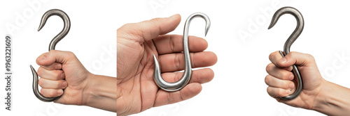 Set of hands holding heavy duty stainless steel S hooks isolated on white background concept