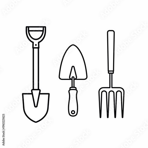 Gardening tools line icons set with shovel trowel and fork