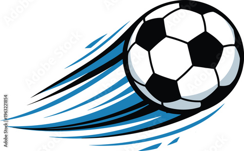 Dynamic soccer ball vector with blue motion trails, fast flying football icon, athletic sports competition graphic