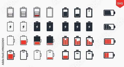 Battery level icons set in various colors and styles