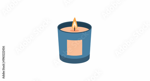 Blue candle with flame in a holder on white background