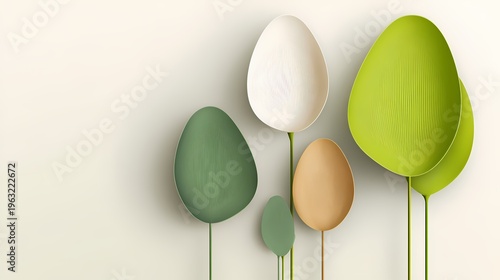 Minimalist Modern Tree Illustration with Stylized Egg Shaped Leaves in Green and Beige Tones for Sustainable Eco Friendly Brand Design