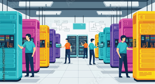 Colorful data center illustration with technicians and servers