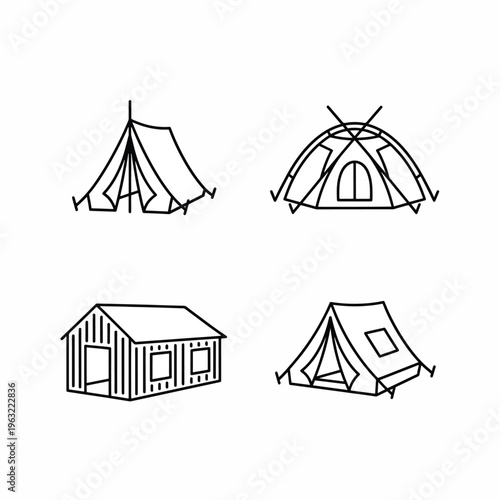 Camping tents and cabin illustrations in simple line art style