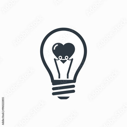 Heart shaped idea light bulb symbol on white background