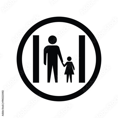 Vector illustration of a man and child walking hand in hand in a circular frame with lines