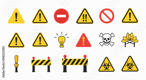 Collection of various warning signs and symbols on white background