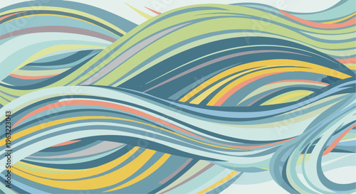 Colorful, flowing, abstract pattern with layered, wave-like shapes